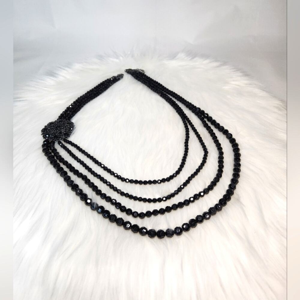 Vintage 4 Strand Black Faceted Bead Necklace Large Flower Pendant Coquette Noir - Picture 2 of 6